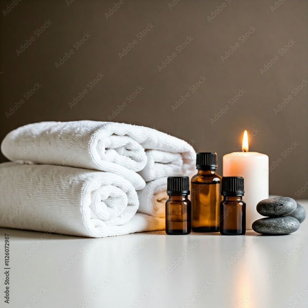 spa relaxation essentials with white towels essential oils and candle on white surface spa relaxation essentials with white towels essential oils and candle on white surface