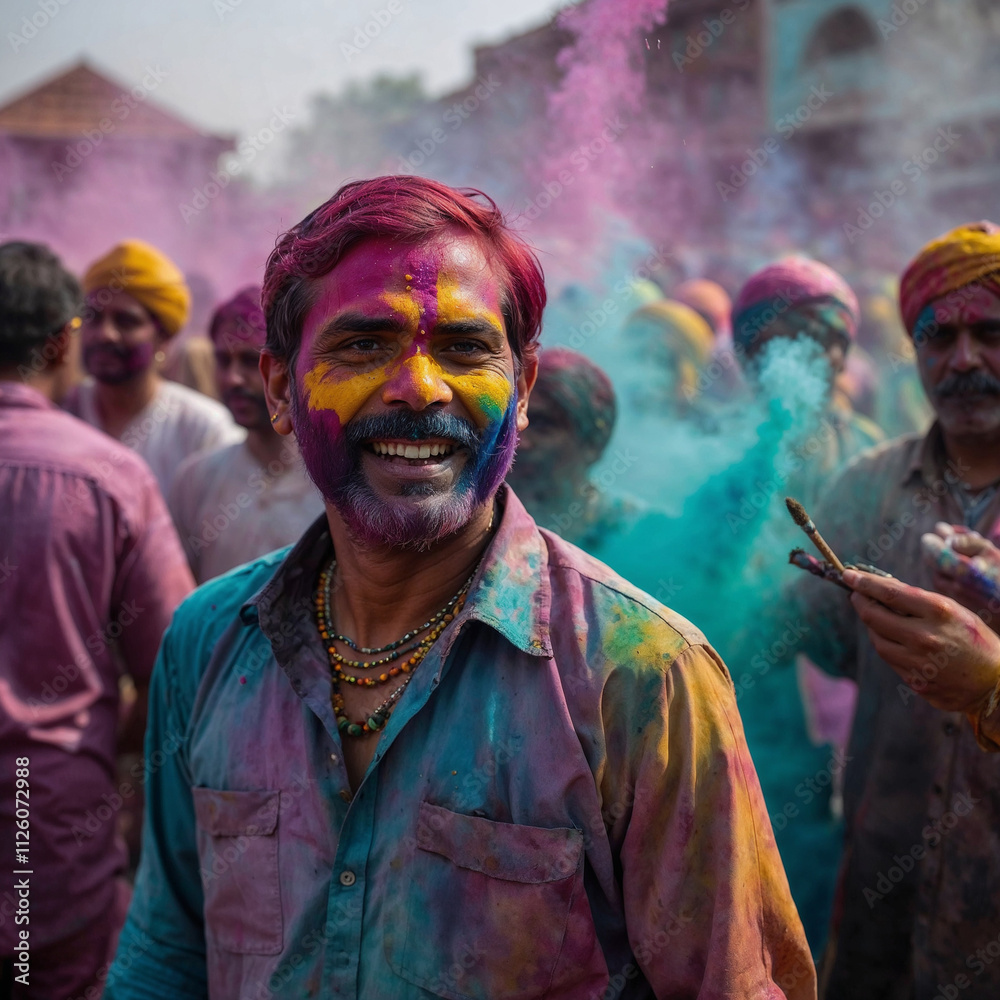 Portrait of a smiling man covered with holi powder color of a traditional Indian holiday