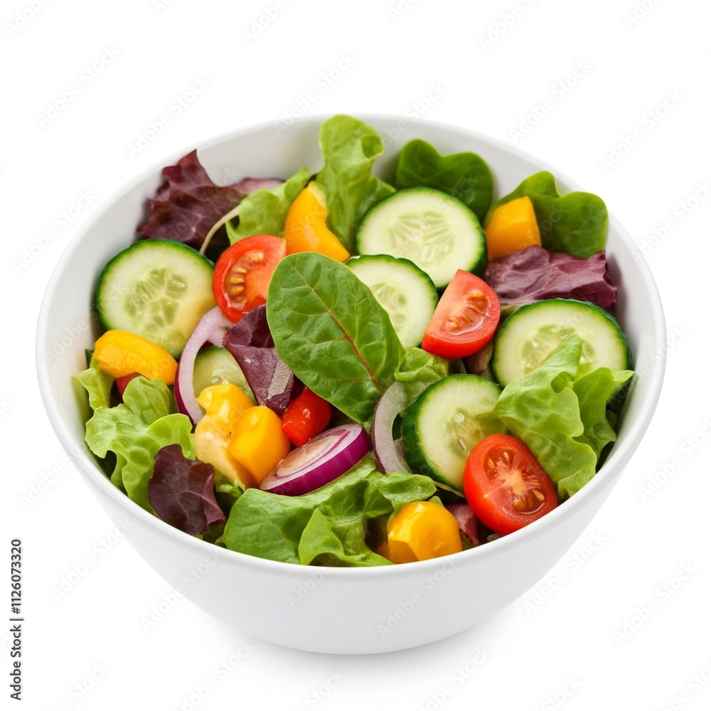 fresh green salad with colorful vegetables in white bowl isolated on white background fresh green salad with colorful vegetables in white bowl isolated on white background