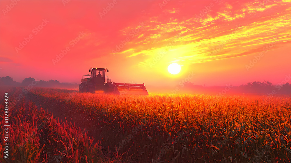 Harvesting Corn at Sunrise: Golden Hour Harvesting Corn at Sunrise: Golden Hour