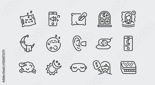 Sleep icons. Set of 15 sleep trendy minimal icons. Sleepy pillow face, bed, sleep, sleeping pills. Design signs for web page, mobile app, packaging design. Vector illustration. 