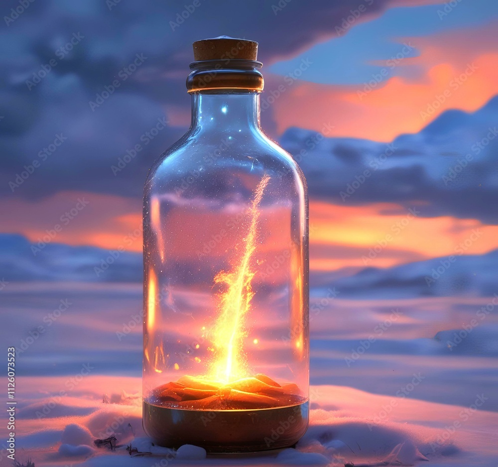 Illustration of bottle with magic spark inside. Illustration of bottle with magic spark inside.