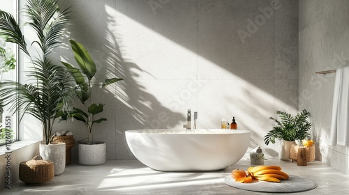 Modern Minimalist Bathroom with Freestanding Bathtub and Natural Light, Surrounded by Lush Greenery and Cozy Decorative Elements for a Relaxing Ambiance