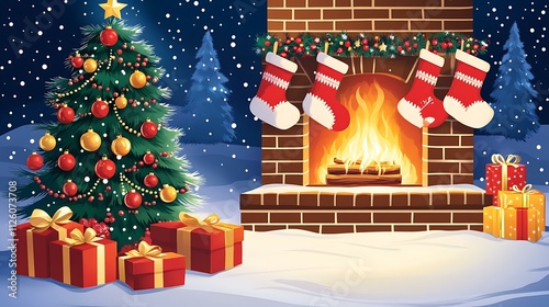 Wallpaper Mural Cartoon-style cozy Christmas night with a beautifully decorated tree, wrapped gifts, and stockings hanging by the fireplace Torontodigital.ca