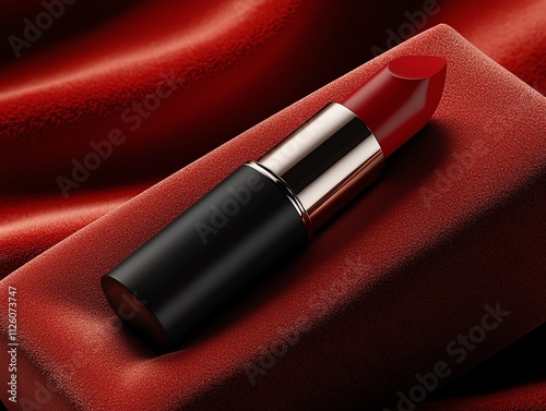 A bold red lipstick partially twisted up, placed on a velvet cushion, with dramatic shadows photo