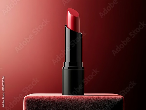 A bold red lipstick partially twisted up, placed on a velvet cushion, with dramatic shadows photo