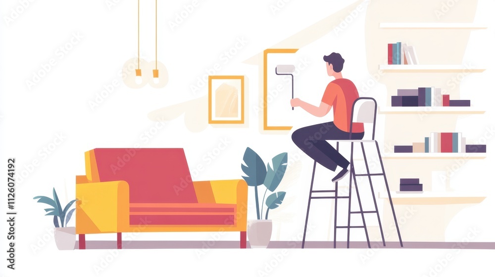 Young Man Painting Wall in Bright Modern Living Room Environment