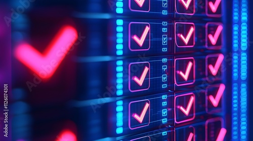 Neon Checkmarks on Digital Server Racks