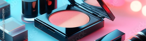 A compact of dualtone eyeshadows in a yinyang pattern, styled with glowing ambient light photo