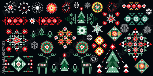 Merry Christmas Happy New Year 2025   Holiday winter nordic decor Vintage scandinavian deer, tree, ball, border, wreath, snowflake Vector  large set icon flat cute illustration