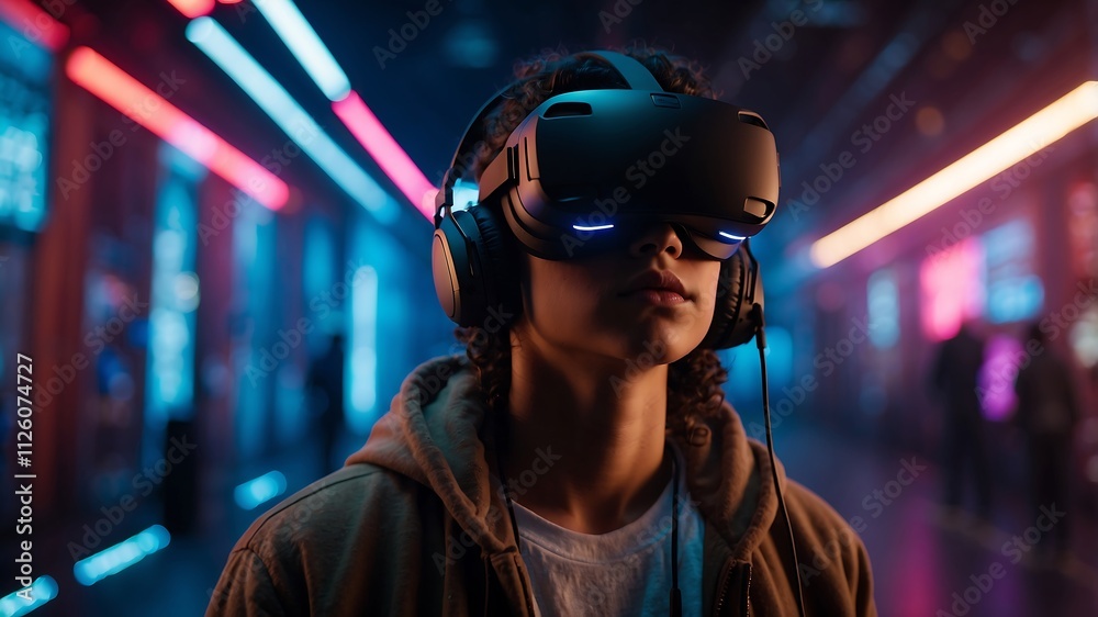 Young person wearing VR headset in a neon-lit environment. Young person wearing VR headset in a neon-lit environment.