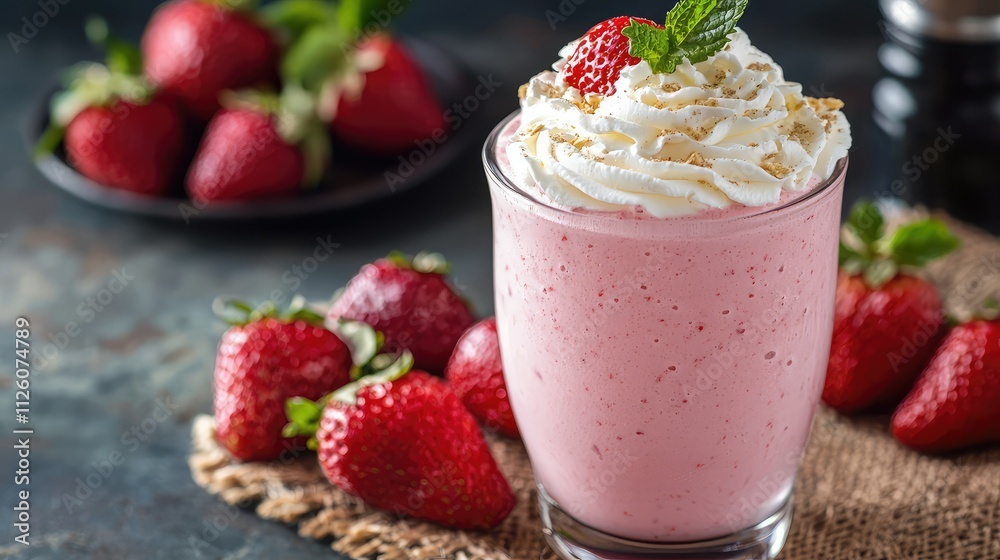 Refreshing Strawberry Milkshake with Whipped Cream and Mint Garnish, Surrounded by Fresh Strawberries on Rustic Table Refreshing Strawberry Milkshake with Whipped Cream and Mint Garnish, Surrounded by Fresh Strawberries on Rustic Table