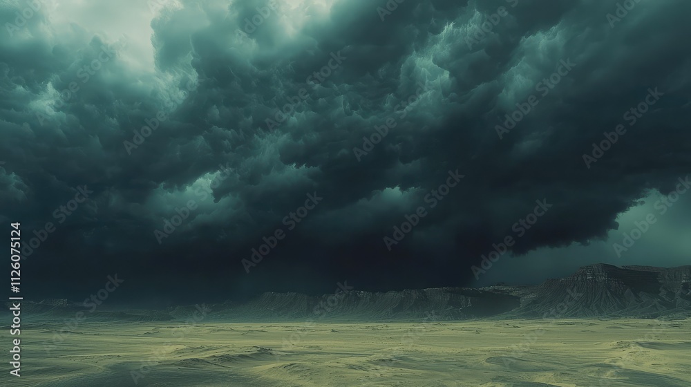 Obraz premium Dark Storm Clouds Gathering Over a Vast Desert Landscape With Dramatic Skies and Foreboding Atmosphere Suitable for Nature and Weather Themes