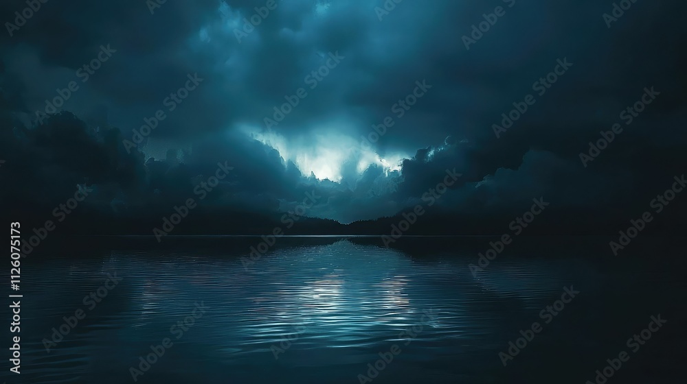 Serene Dark Waters Reflecting Dramatic Clouds and Soft Light Beneath a Stormy Night Sky in a Calm and Tranquil Atmosphere