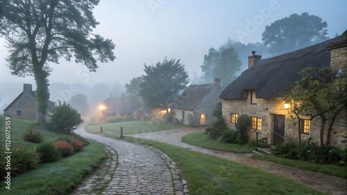 fog in village, village farmer in foggy morning nature view