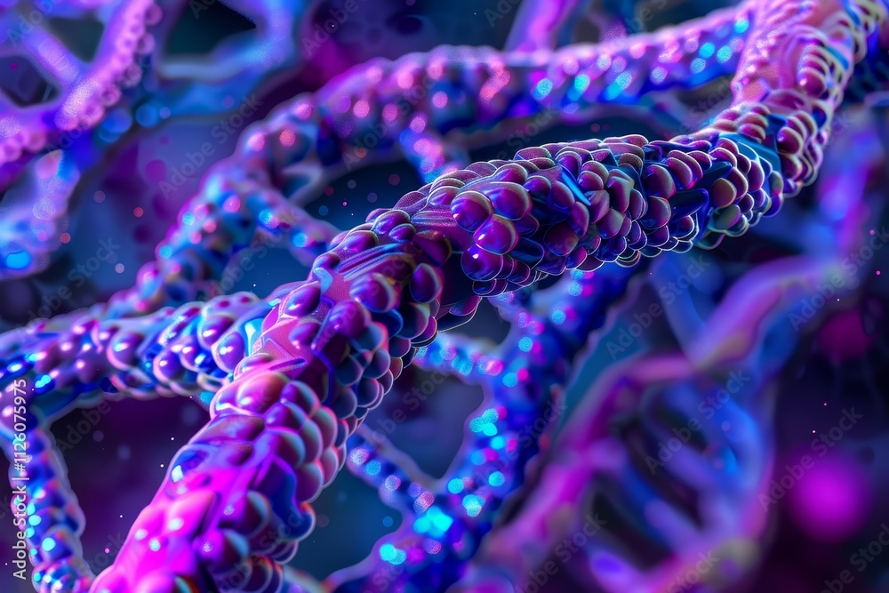 This artwork displays a vibrant, abstract representation of DNA, showcasing its double helix structure with intricate details and vivid colors against a dark background. This artwork displays a vibrant, abstract representation of DNA, showcasing its double helix structure with intricate details and vivid colors against a dark background.