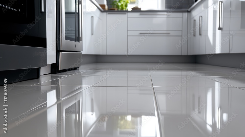 Fototapeta premium Modern Kitchen with Sleek Cabinets and Polished Tile Flooring