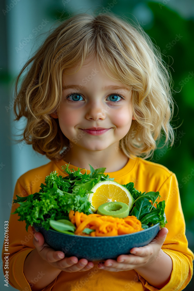 A little girl holding a bowl of vegetables in her hands A little girl holding a bowl of vegetables in her hands