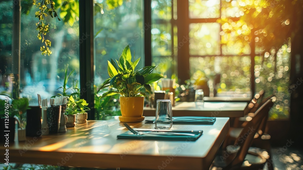 Cozy and Inviting Dining Area with Sunlight Streaming Through Windows, Lush Green Plants, and Elegant Table Setting in a Modern Restaurant