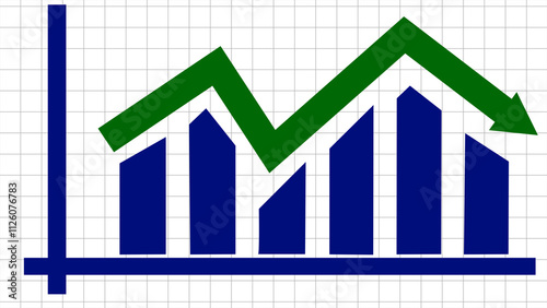 A business graph up to a down green arrow with a blue bar. Blue bar chart graph on a white background with a grid