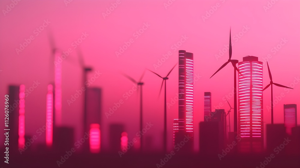 Fototapeta premium Pink Cityscape with Wind Turbines at Sunset