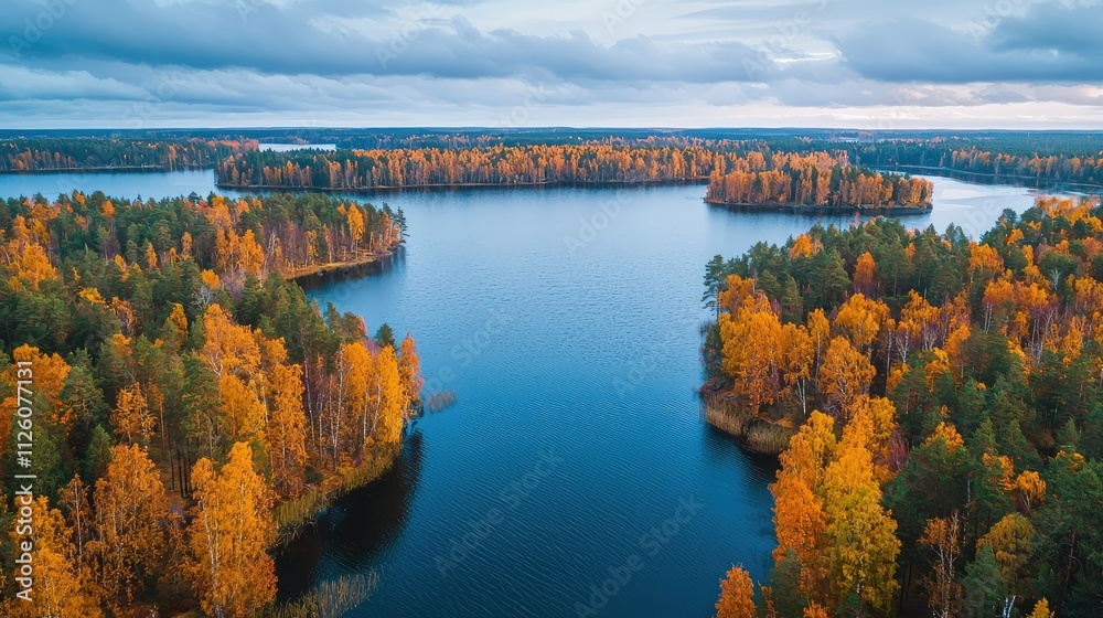 Aerial View of Vibrant Autumn Landscape with Calm Waters and Colorful Trees Surrounding Serene Lake and Islands in Nature's Breathtaking Palette of Fall Aerial View of Vibrant Autumn Landscape with Calm Waters and Colorful Trees Surrounding Serene Lake and Islands in Nature's Breathtaking Palette of Fall