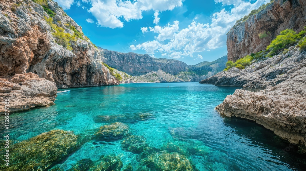 Stunning Tropical Cove Surrounded by Dramatic Cliffs and Crystal Clear Water Under a Bright Blue Sky with Fluffy White Clouds Stunning Tropical Cove Surrounded by Dramatic Cliffs and Crystal Clear Water Under a Bright Blue Sky with Fluffy White Clouds