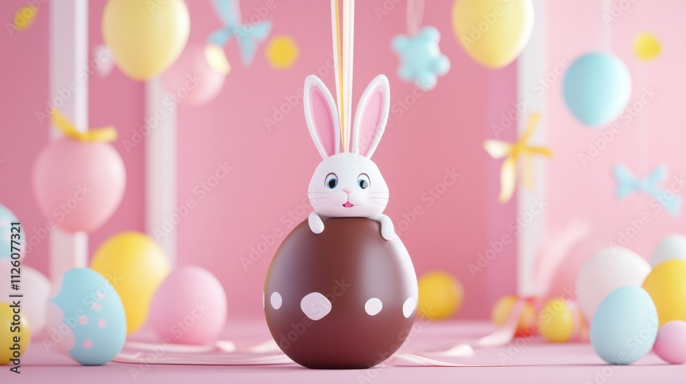 Fototapeta premium Cute Easter Bunny with Chocolate Egg in Festive Spring Decor