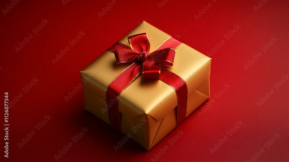 Obraz premium Golden gift box wrapped with a vivid red ribbon, highlighted on a smooth red background
