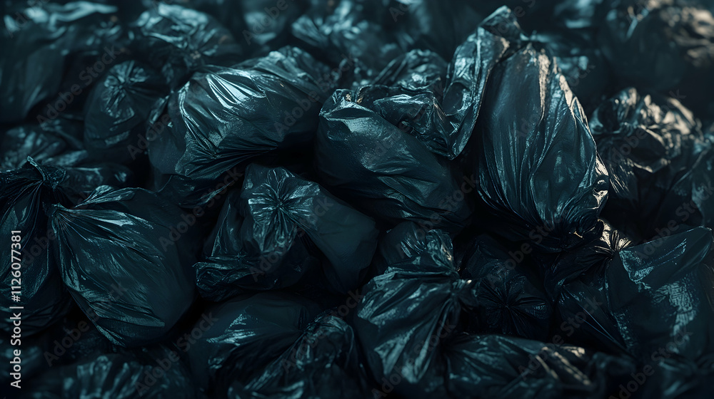 Pile of dark garbage bags with crumpled textures in moody light Pile of dark garbage bags with crumpled textures in moody light