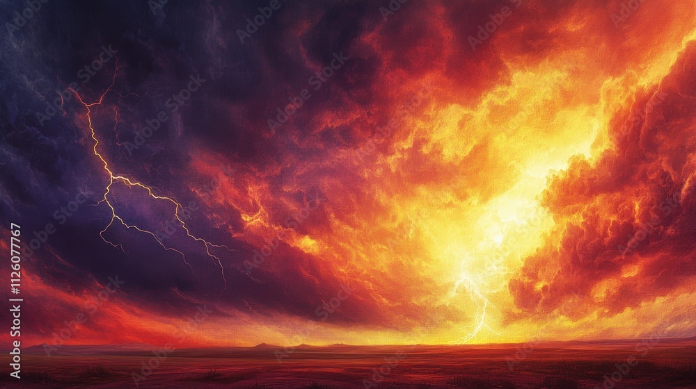 Fototapeta premium Fiery sunset sky with lightning strikes over a flat landscape.