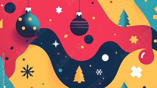 Minimalist Christmas card with simple, abstract illustrations of festive elements arranged on a clean, colorful background