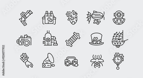 Steampunk Icons. Set of 15 Steampunk Trendy Minimal Icons. Mechanical arm, steampunk heart, camera, airship, hat icon. Design signs for web page, mobile app, packaging design. Vector illustration