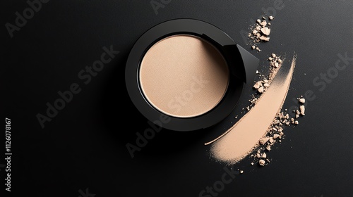 A single shimmering champagnecolored eyeshadow pan on a black velvet background, elegantly lit photo