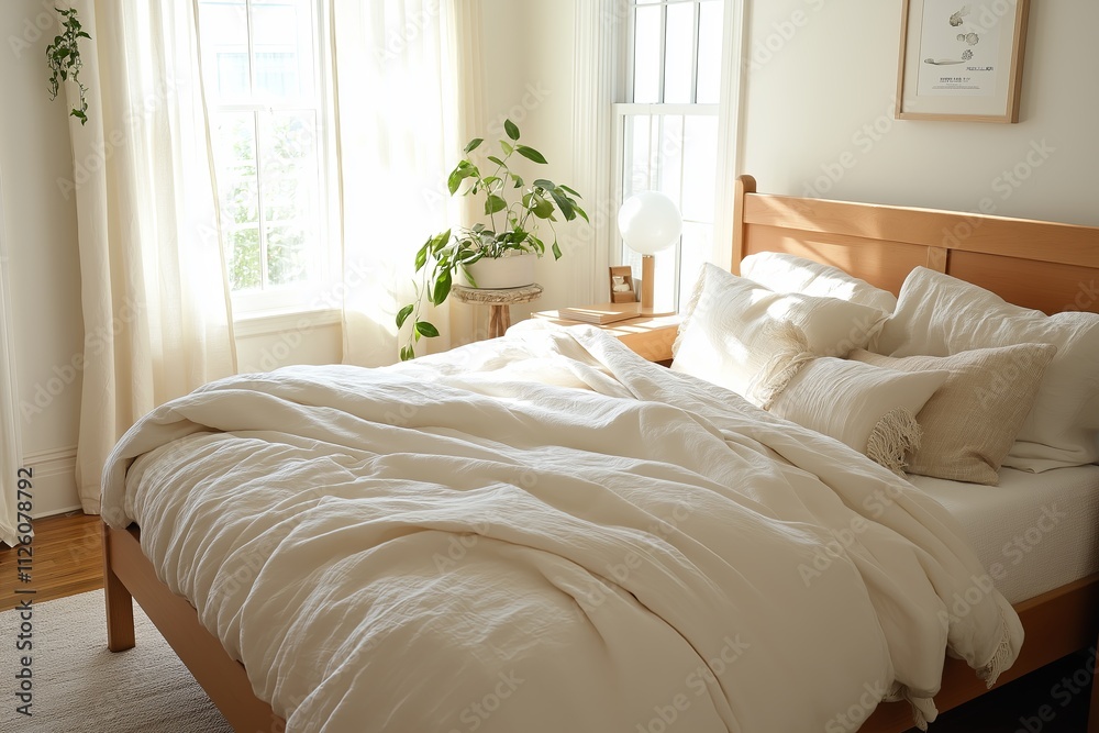 Fototapeta premium A tranquil bedroom featuring neutral tones, soft linen bedding, and a simple wooden bed frame.