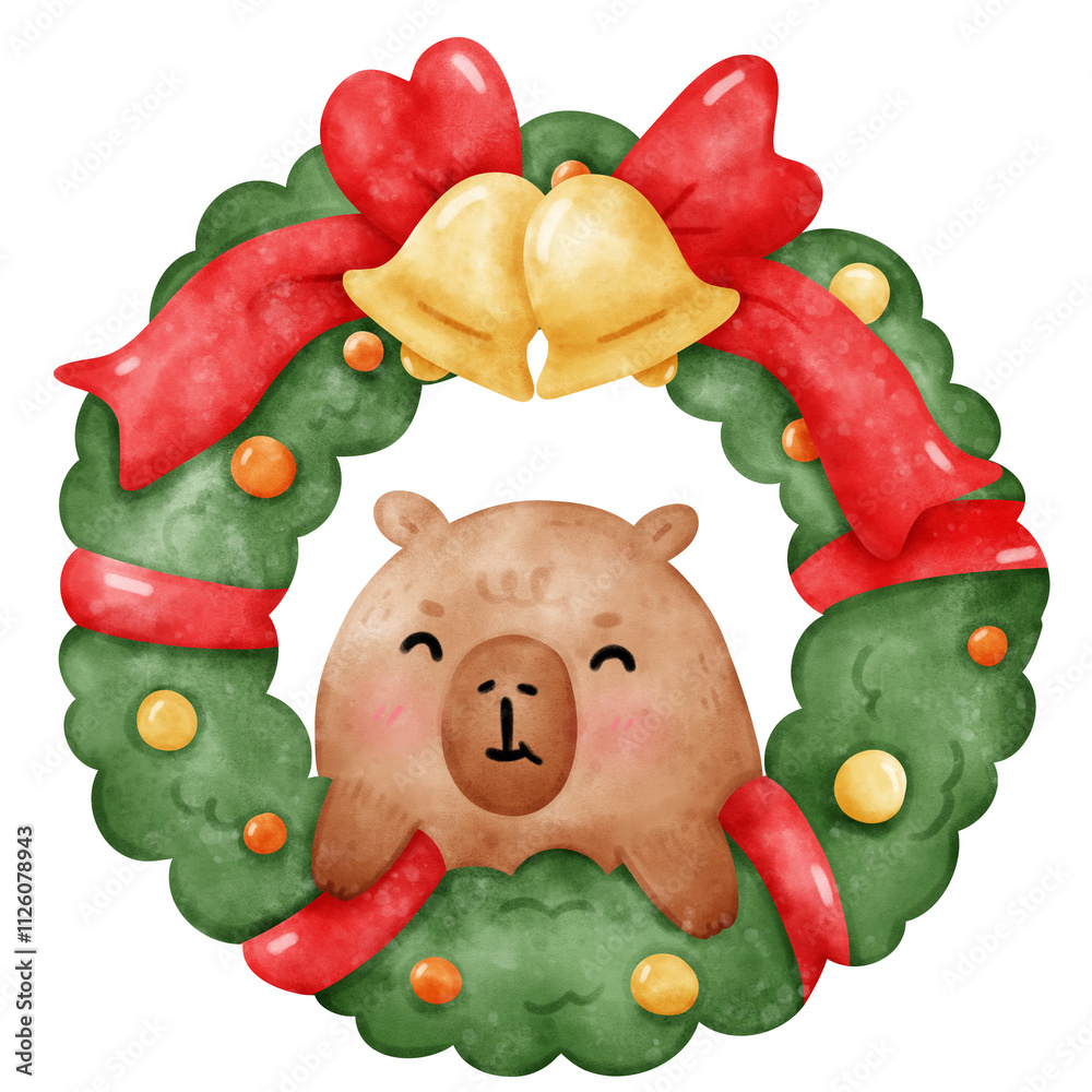 Obraz premium Capybara christmas, holiday, capybara watercolor, cute capybara
