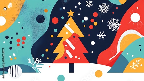 Modern abstract Christmas card with geometric shapes, bold colors, and festive elements like a minimalist tree and snowflakes on a clean background