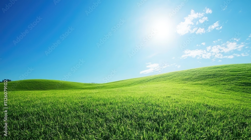 Fototapeta premium Expansive Green Grass Field Under Clear Blue Sky and Bright Sunlight on a Beautiful Day, Capturing the Essence of Nature's Beauty and Tranquility in Wide Open Space