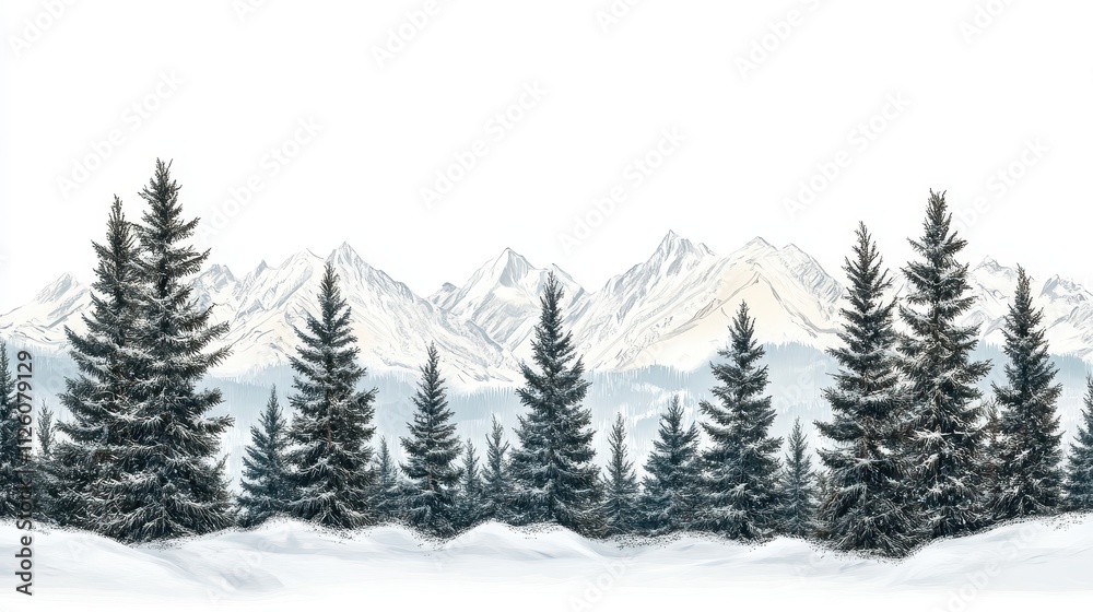 View of Pine forest and mountains in winter with snow plains in clipart style. Landscape background concept isolated on white background with copy space for text or logo. Poster, banner or card design View of Pine forest and mountains in winter with snow plains in clipart style. Landscape background concept isolated on white background with copy space for text or logo. Poster, banner or card design