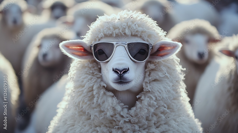 Sheep wearing sunglasses in a flock. Sheep wearing sunglasses in a flock.