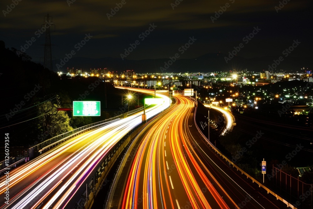 The highway is illuminated by streaks of light from moving vehicles, with a bustling city skyline in the background under a dark night sky. The highway is illuminated by streaks of light from moving vehicles, with a bustling city skyline in the background under a dark night sky.
