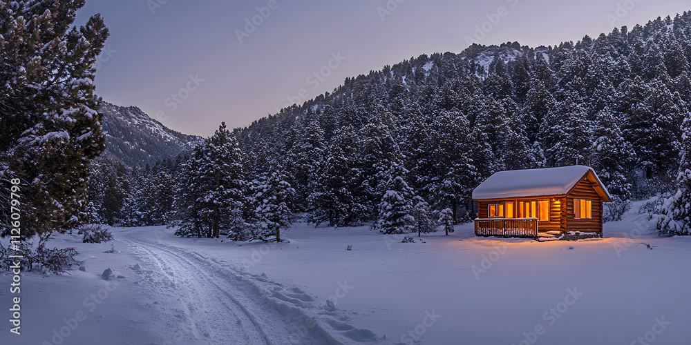 Naklejka premium Warm cabin in the snow in the winter forest, romantic, beautiful, commercial, advertising, background, outdoor, wallpaper, background, nature, warmth, Christmas, travel