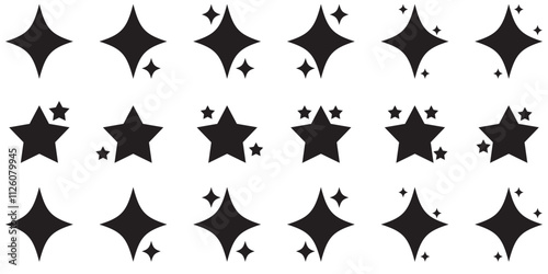 Stars and sparkles doodle set. Twinkle, blink, firework, glitter silhouette and glowing symbols in sketch style. Hand drawn vector illustration isolated on white background