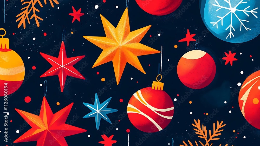 Sleek and vibrant Christmas card featuring modern abstract stars, snowflakes, and ornaments in bold colors Sleek and vibrant Christmas card featuring modern abstract stars, snowflakes, and ornaments in bold colors