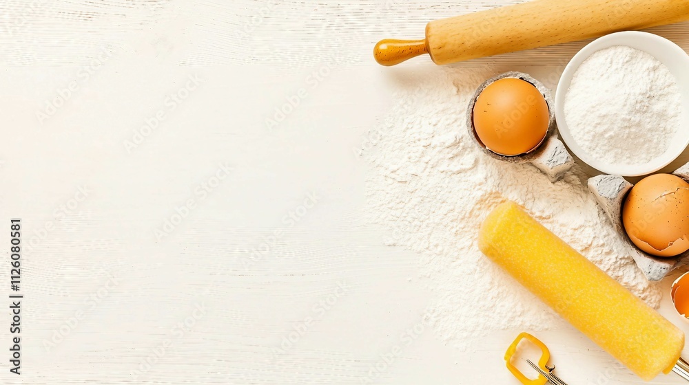 Baking Ingredients and Tools on a White Wooden Surface Baking Ingredients and Tools on a White Wooden Surface