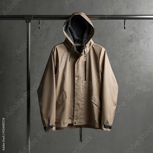 Plain Rain Jacket Mockup Hanging On A Metal Coat Rack In A Studio photo