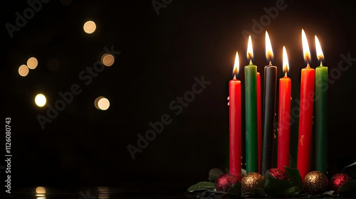 Kwanzaa festival concept with seven candles red, black and green in candlestick on wooden background,  photo