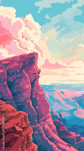 A vibrant sunset over majestic cliffs, showcasing bold colors and dramatic rock formations in this stunning landscape illustration.