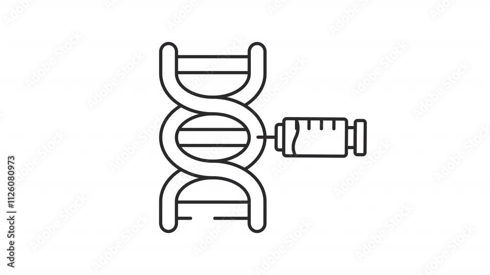 Genetic modification line animation. Molecular biology animated icon. Moving syringe, rotating. Genome, dna. Black illustration on white background. HD video with alpha channel. Motion graphic Genetic modification line animation. Molecular biology animated icon. Moving syringe, rotating. Genome, dna. Black illustration on white background. HD video with alpha channel. Motion graphic
