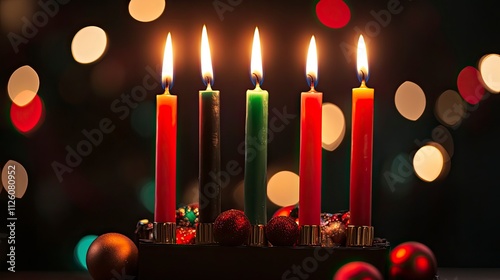 Kwanzaa festival concept with seven candles red, black and green in candlestick on wooden background,  photo